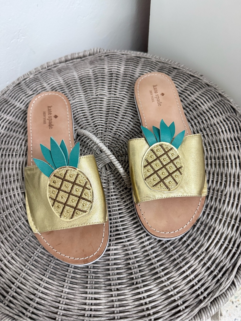 kate spade Metallic Gold Slide Sandals with Teal Accent